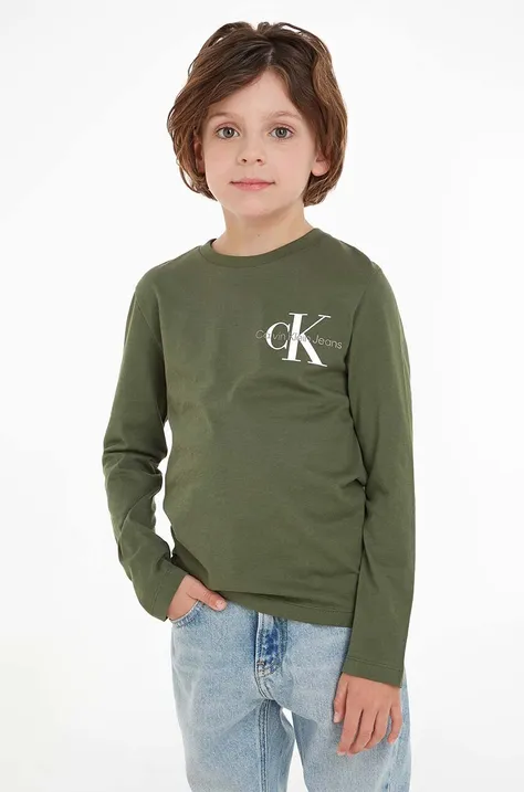 Dječja pamučna majica dugih rukava Calvin Klein Jeans boja: zelena, s tiskom