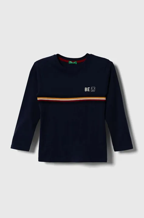 Dětské bavlněné tričko s dlouhým rukávem United Colors of Benetton tmavomodrá barva, s aplikací