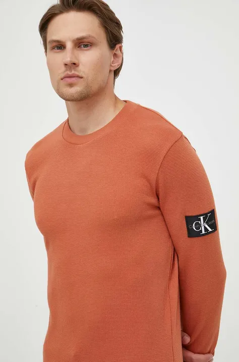 Calvin Klein Jeans bluza bawełniana męska kolor pomarańczowy z aplikacją