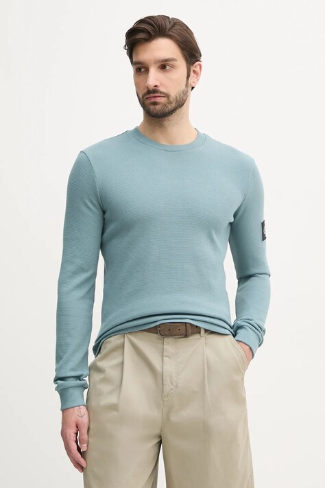 Bavlněná mikina Calvin Klein Jeans pánská, béžová barva, s aplikací, J30J323485