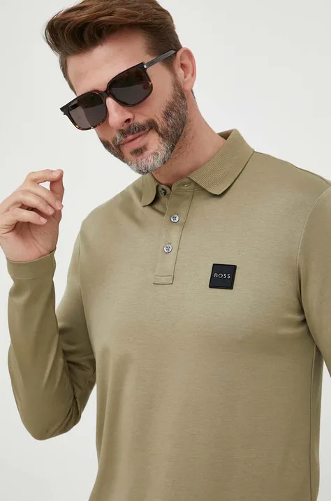 Βαμβακερή μπλούζα με μακριά μανίκια BOSS χρώμα: πράσινο