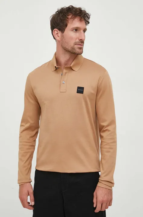 Βαμβακερή μπλούζα με μακριά μανίκια BOSS χρώμα: μπεζ