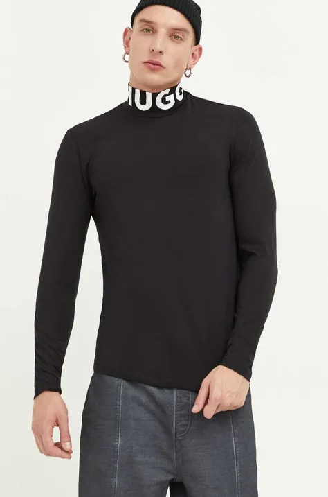 Tričko s dlhým rukávom HUGO pánske, čierna farba, s potlačou