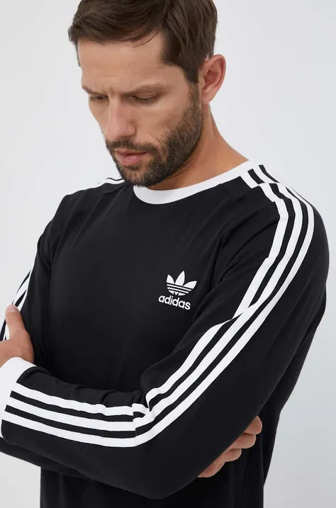 Bombažna majica z dolgimi rokavi adidas Originals 3-Stripes Long Sleeve Tee črna barva
