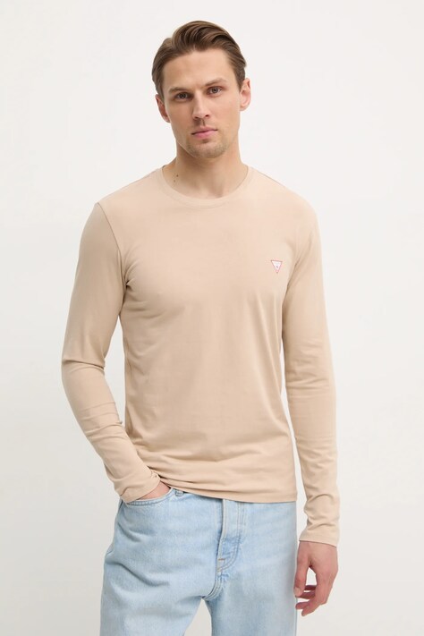 Guess longsleeve barbati, culoarea bej, neted