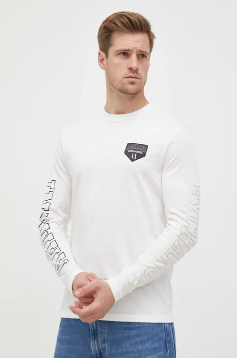 Bavlnené tričko s dlhým rukávom Armani Exchange béžová farba, s potlačou