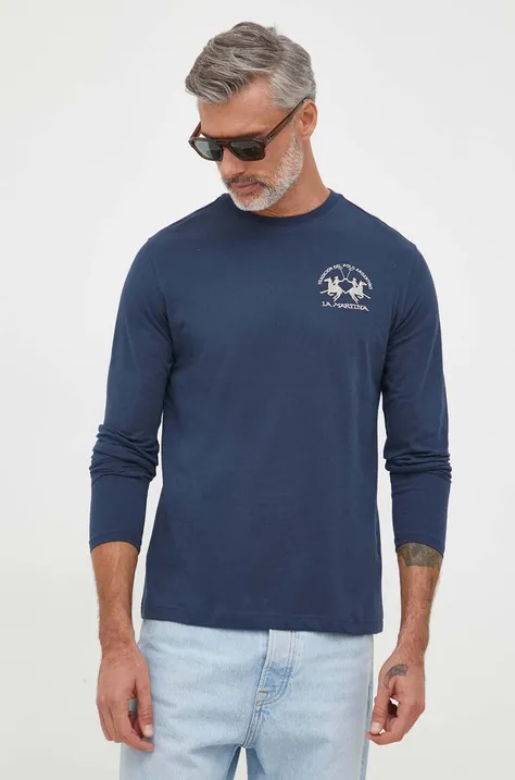 Bombažna majica z dolgimi rokavi La Martina mornarsko modra barva