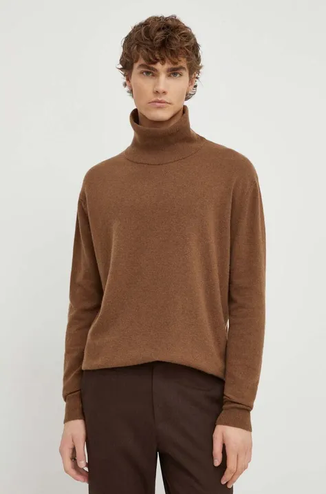 American Vintage gyapjú pulóver könnyű, férfi, barna, garbónyakú