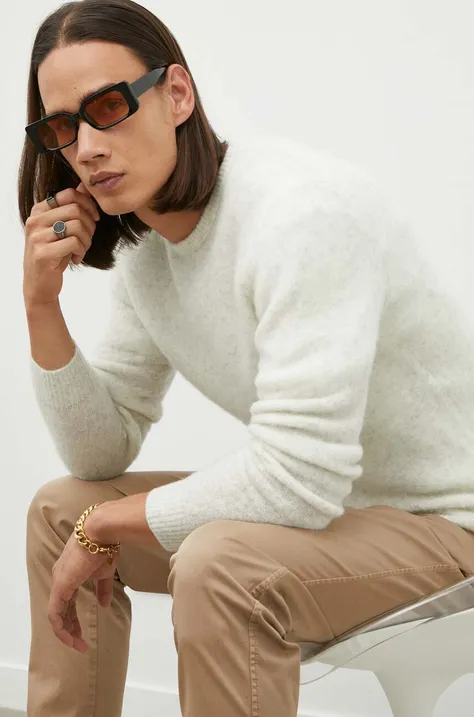 American Vintage sweter wełniany męski kolor beżowy lekki