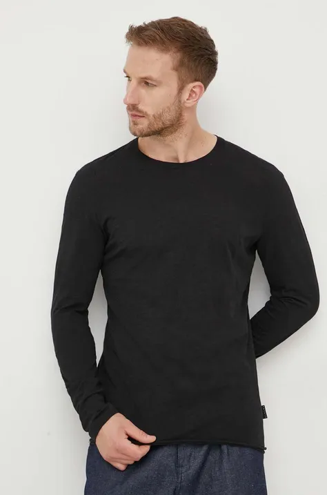Βαμβακερή μπλούζα με μακριά μανίκια Sisley χρώμα: μαύρο