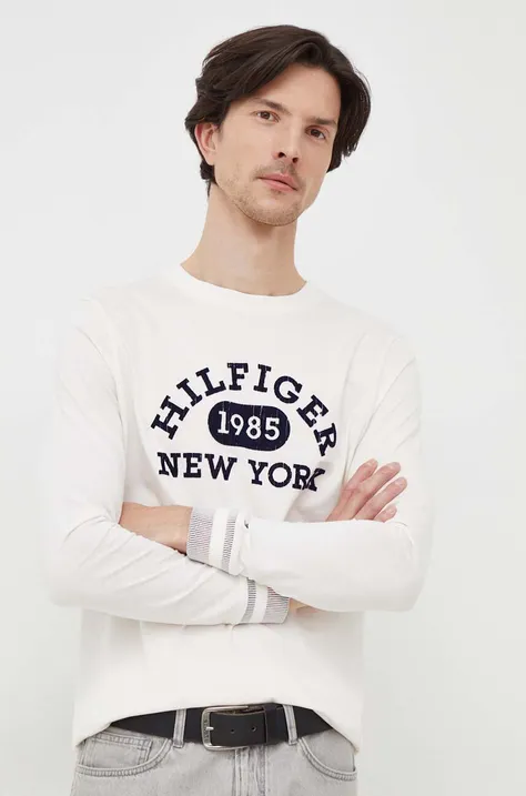 Bavlnené tričko s dlhým rukávom Tommy Hilfiger biela farba, s potlačou