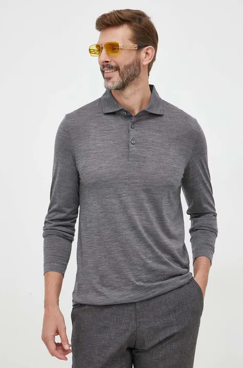 Vlnené tričko s dlhým rukávom BOSS šedá farba, jednofarebný