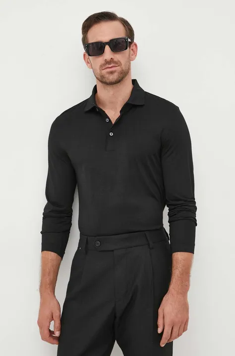Vlněné tričko s dlouhým rukávem BOSS černá barva