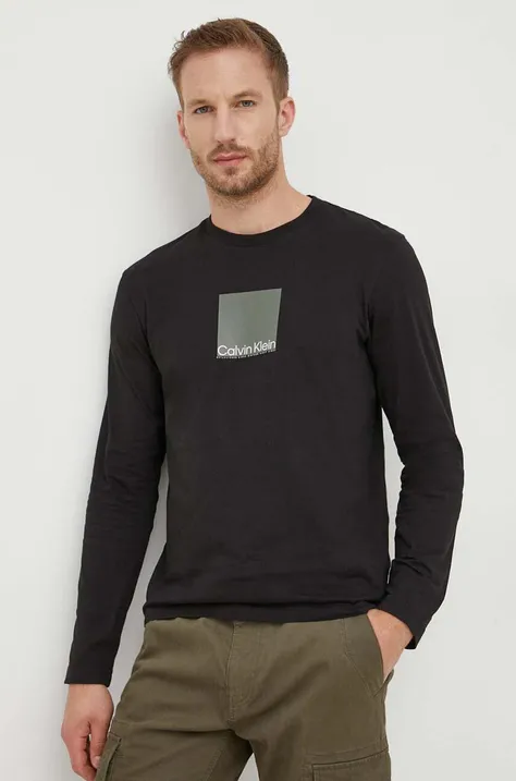 Bavlnené tričko s dlhým rukávom Calvin Klein čierna farba, s potlačou