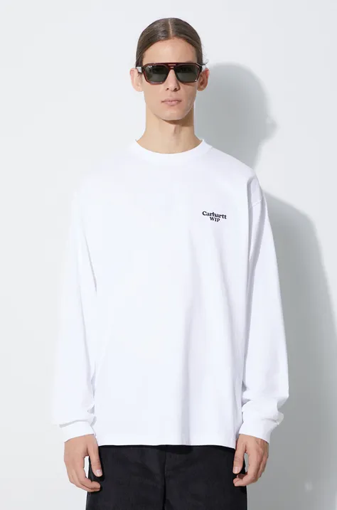 Bavlnené tričko s dlhým rukávom Carhartt WIP biela farba, s potlačou