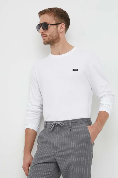 Bavlnené tričko s dlhým rukávom Calvin Klein biela farba, jednofarebný