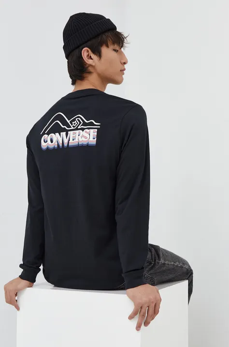 Bombažna majica z dolgimi rokavi Converse črna barva