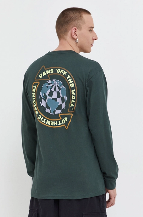 Vans longsleeve bawełniany kolor zielony z nadrukiem