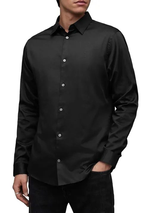 Bavlnená košeľa AllSaints Simmons pánske, čierna farba, slim, s klasickým golierom