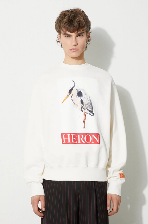 Heron Preston hanorac de bumbac Heron Bird Painted Crewneck bărbați, culoarea bej, cu imprimeu, HMBA020F23JER0040425