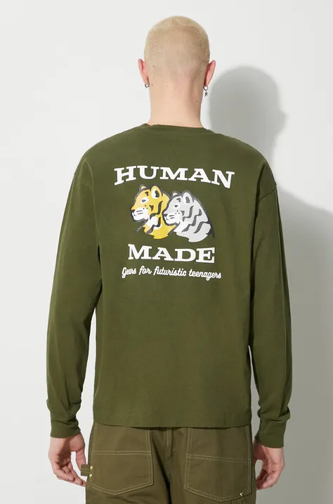Bavlnené tričko s dlhým rukávom Human Made Graphic zelená farba, jednofarebný, HM26CS004
