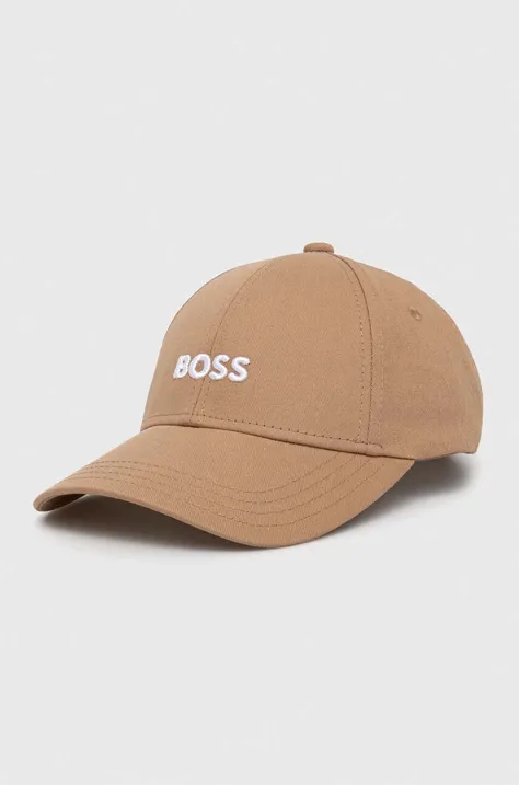 Памучна шапка с козирка BOSS в бежово с изчистен дизайн 50495441