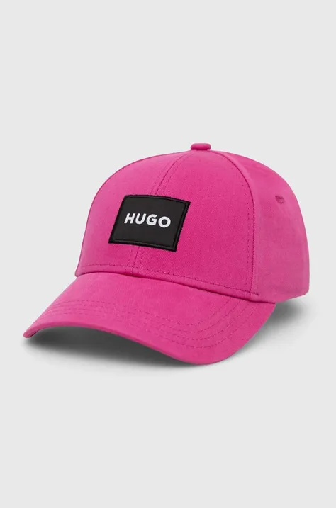 HUGO czapka z daszkiem bawełniana kolor różowy z aplikacją 50496409