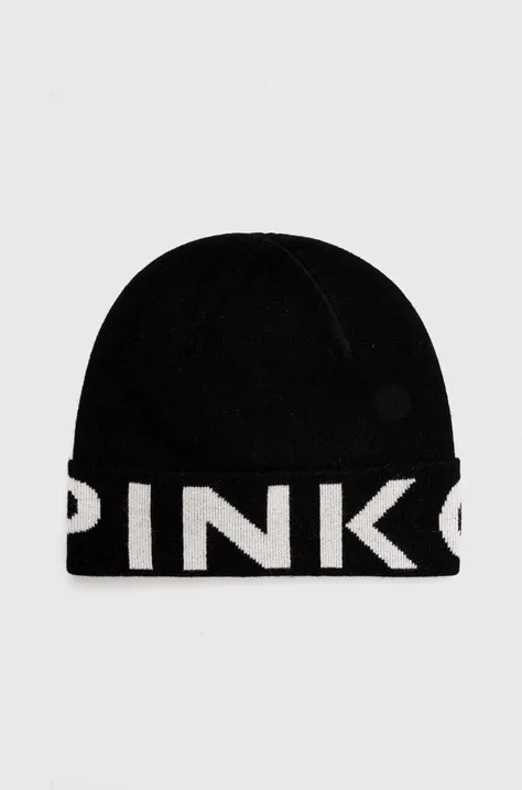 Pinko czapka wełniana kolor czarny z cienkiej dzianiny wełniana