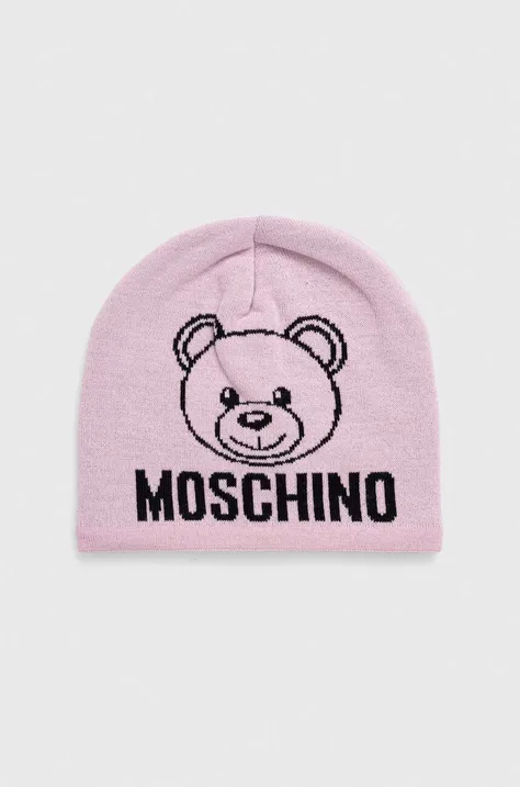 Шерстяная шапка Moschino цвет розовый из толстого трикотажа шерсть
