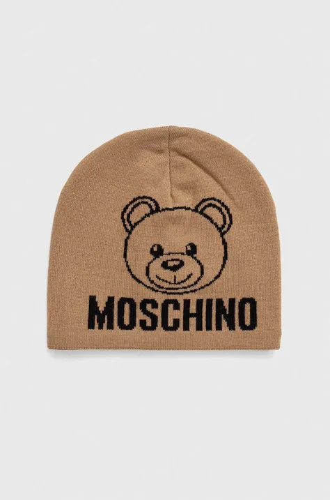 Шерстяная шапка Moschino цвет бежевый из толстого трикотажа шерсть