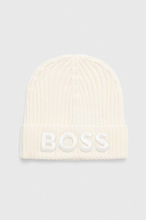 BOSS czapka wełniana kolor beżowy wełniana