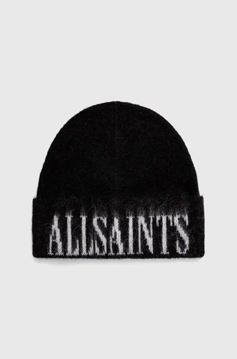 Вовняна шапка AllSaints колір чорний з товстого трикотажу вовна