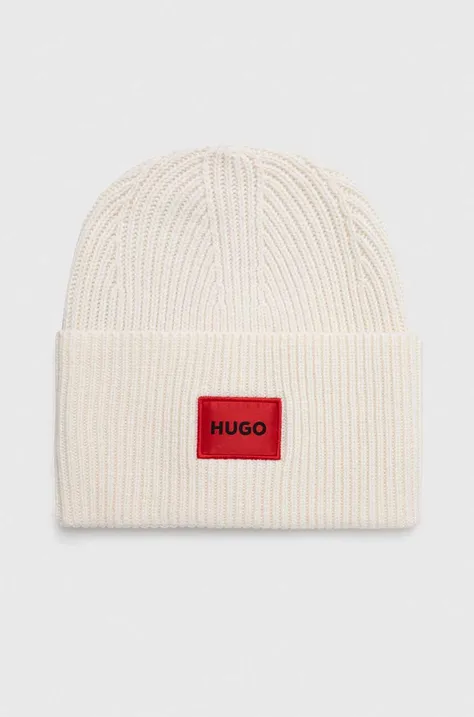 Шерстяная шапка HUGO цвет белый из толстого трикотажа шерсть