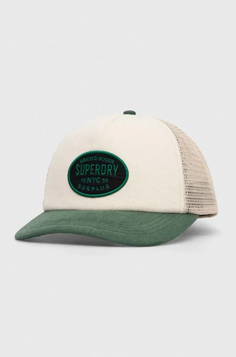 Superdry czapka z daszkiem kolor beżowy z aplikacją