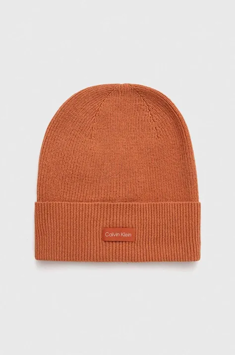 Čepice z vlněné směsi Calvin Klein oranžová barva, z tenké pleteniny