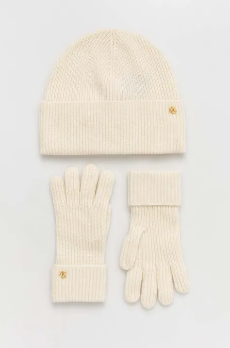 Μάλλινο καπέλο και γάντια Lauren Ralph Lauren χρώμα: μπεζ