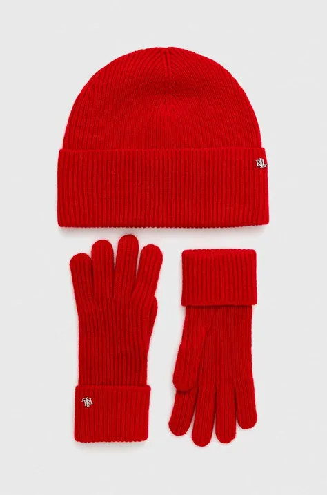 Μάλλινο καπέλο και γάντια Lauren Ralph Lauren χρώμα: κόκκινο