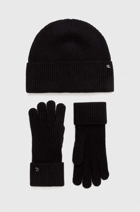 Вовняні шапка та рукавички Lauren Ralph Lauren колір чорний