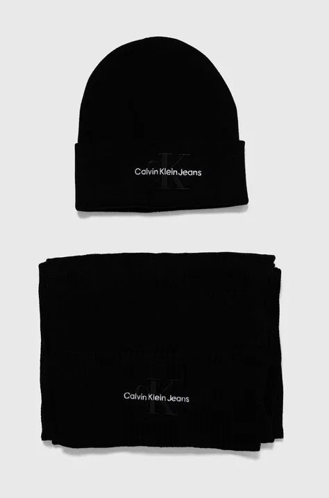 Βαμβακερός σκούφος και κασκόλ Calvin Klein Jeans χρώμα: μαύρο
