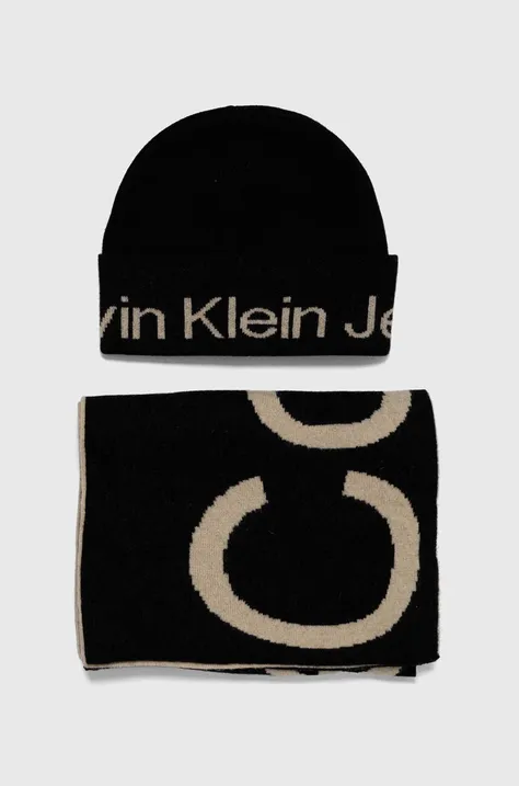 Calvin Klein Jeans czapka i szalik wełniany kolor czarny