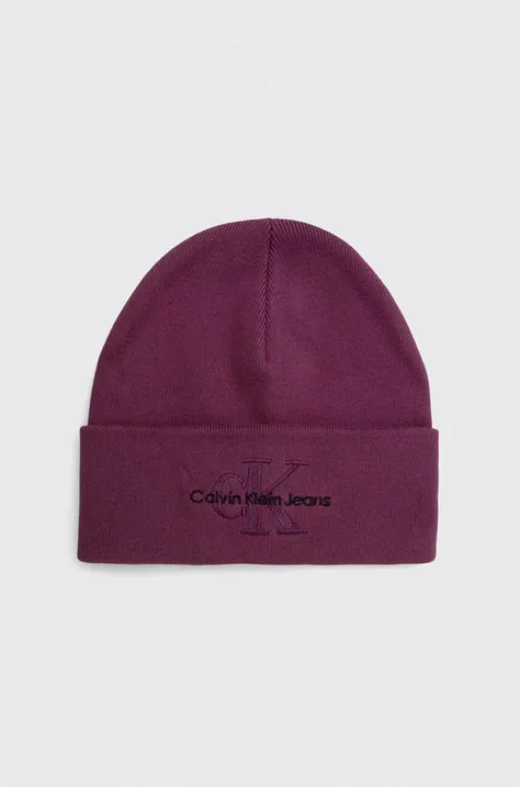 Calvin Klein Jeans czapka bawełniana kolor fioletowy z grubej dzianiny bawełniana