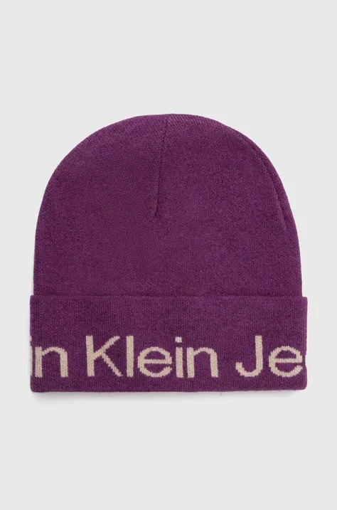 Calvin Klein Jeans czapka wełniana kolor fioletowy z cienkiej dzianiny wełniana