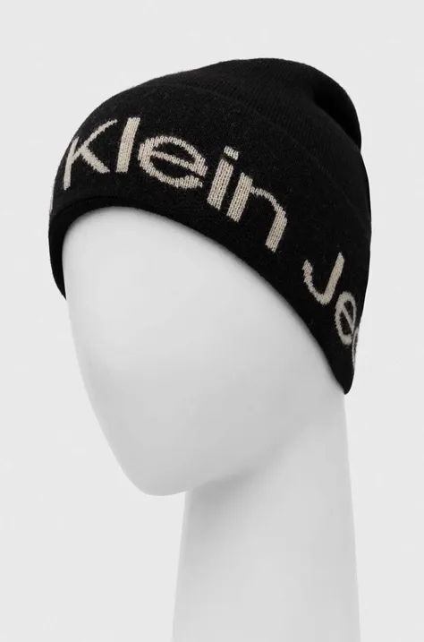 Calvin Klein Jeans czapka wełniana kolor czarny z cienkiej dzianiny wełniana