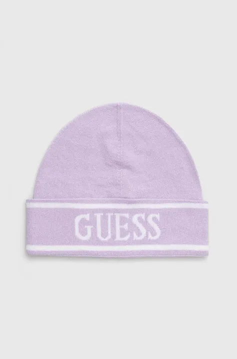 Detská čiapka Guess fialová farba biela, z tenkej pleteniny