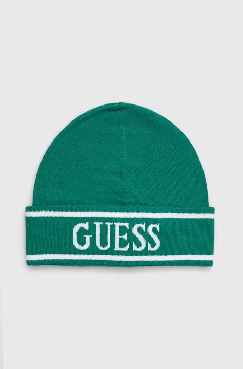 Guess czapka kolor zielony z cienkiej dzianiny