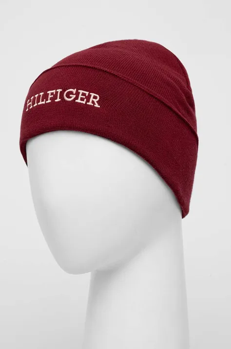 Pamučna kapa Tommy Hilfiger boja: bordo, od tanke pletenine, pamučna