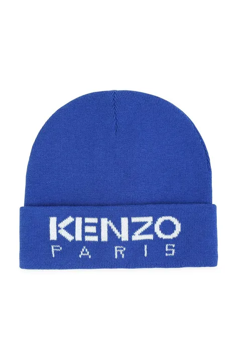 Дитяча шапка з домішкою вовни Kenzo Kids колір синій з тонкого трикотажу