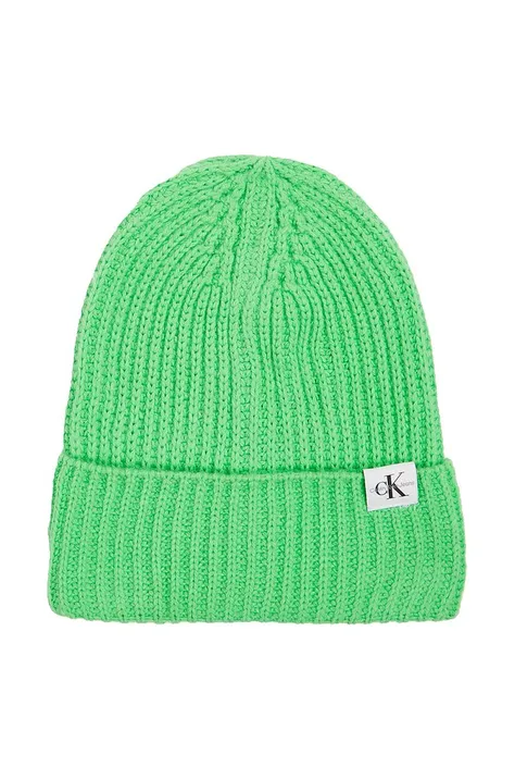 Calvin Klein Jeans czapka dziecięca kolor zielony z cienkiej dzianiny