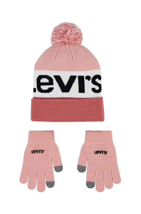 Παιδικός σκούφος και γάντια Levi's χρώμα: ροζ