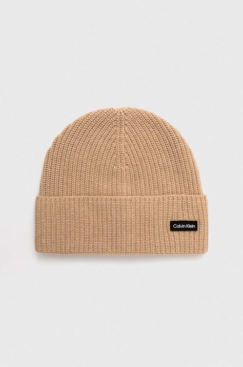 Шапка с примесью шерсти Calvin Klein цвет бежевый из тонкого трикотажа